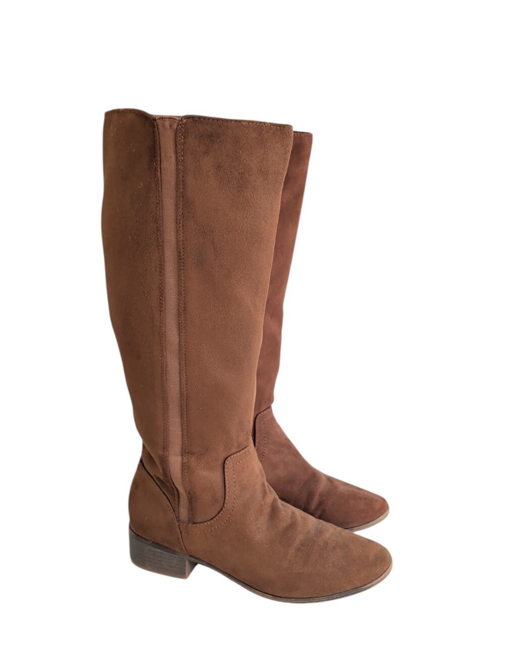 Time and Tru Faux Suede Tall Block Heel Boots 9 Brown Stretch Gore